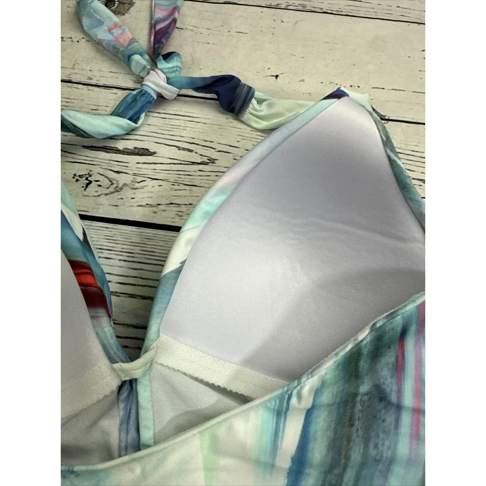 Mynah Womens One Piece Swimsuit Multicolor Abstract Plunge Halter Medium 5351